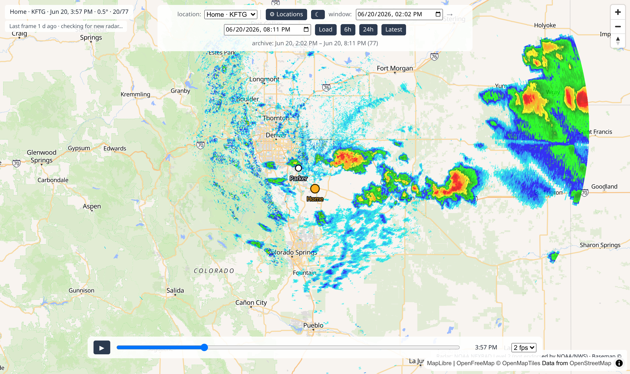 The backscatter app: map with radar, controls on top, timeline on the bottom
