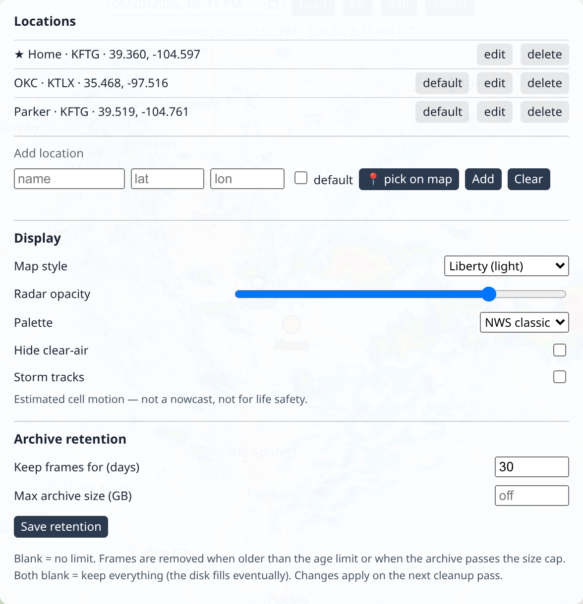 The Locations panel, showing the list of places and the add form